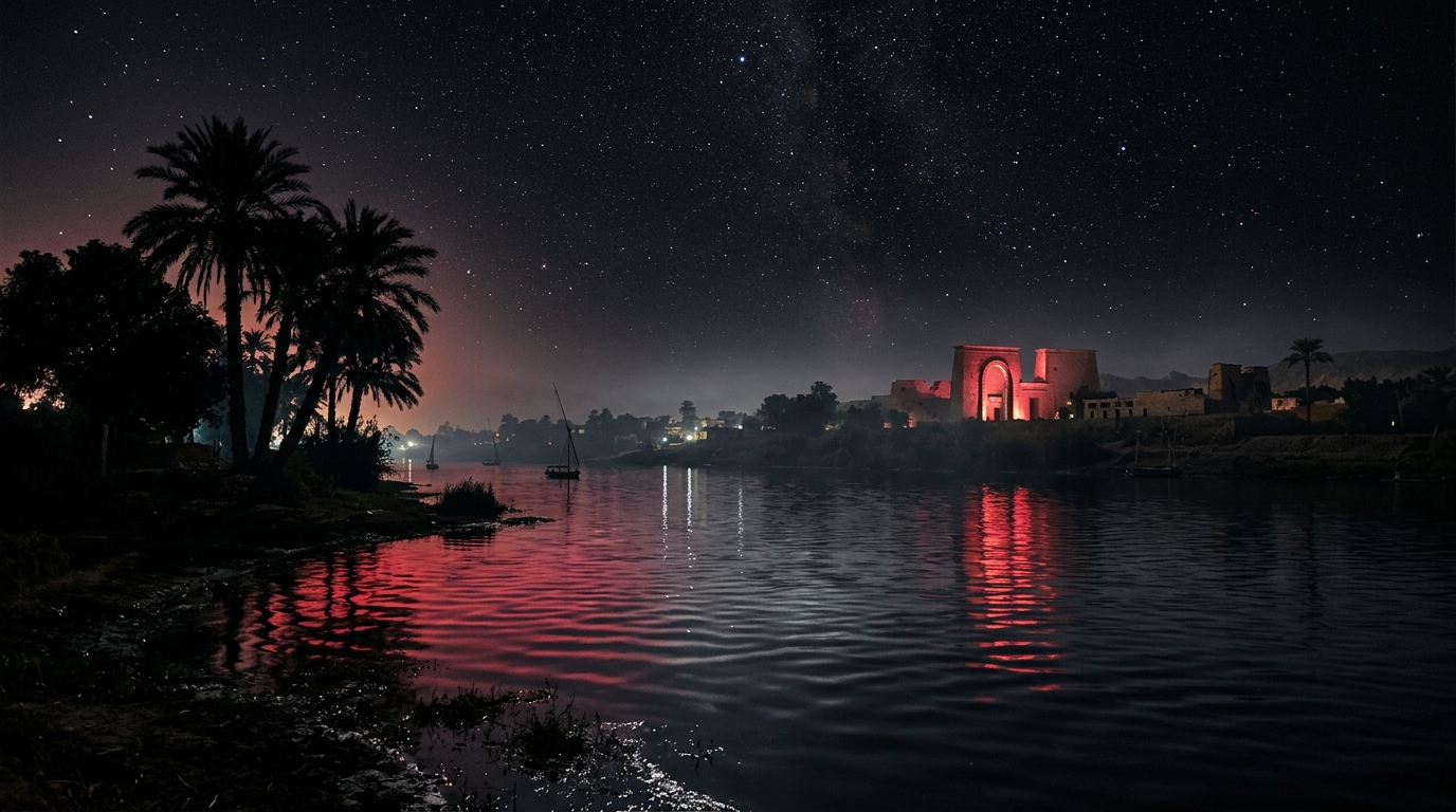 The River Nile at Night with Palms and Crimson Light